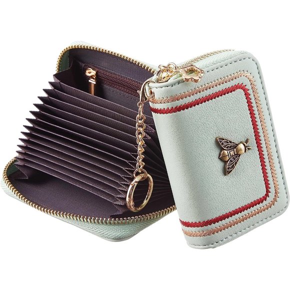 Women Green Zipper Credit Card Case Holder Key Chain Bee Wallet Coin Pocket - Picture 1 of 7